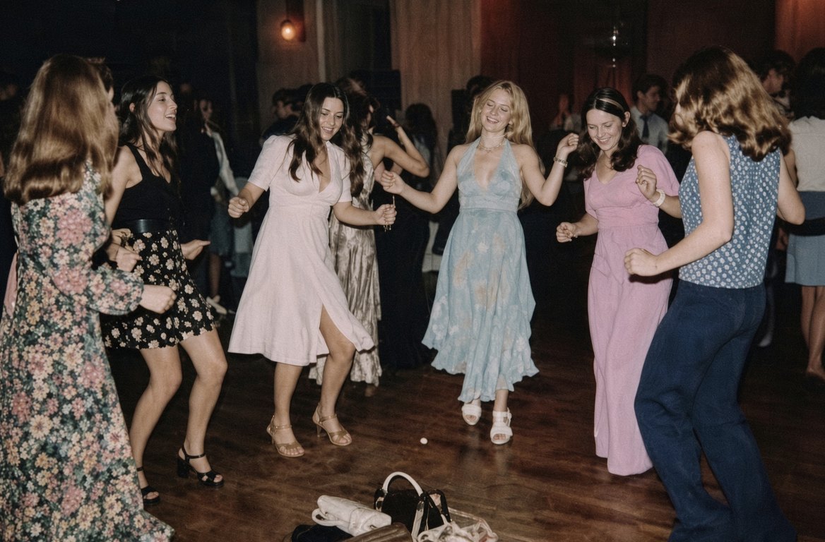 A faded photograph of young women dancing round a pile of handbags